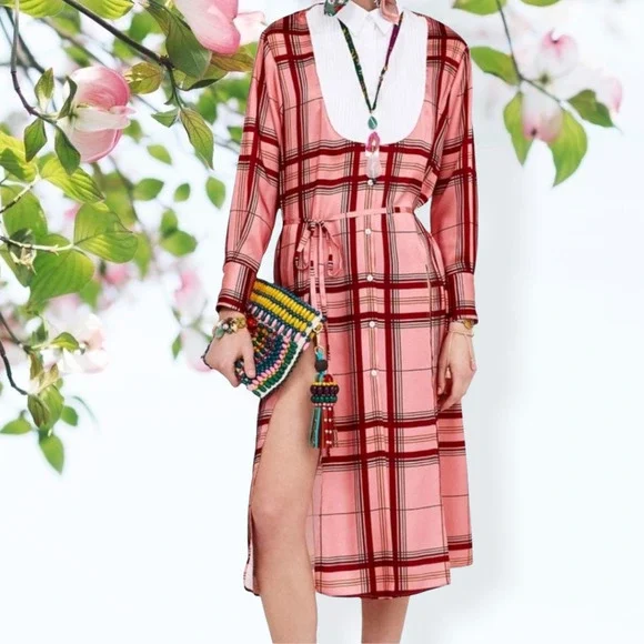 pink plaid dress zara Zara Pink Red Plaid Dress with Thigh High Slits